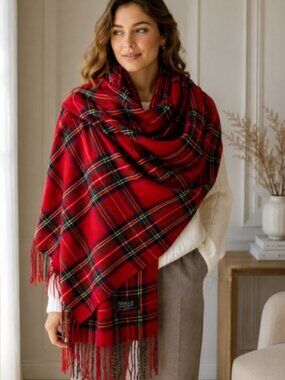 Jane Scarf Red Tartan Plaid Blanket Scarf Fringe Wrap Shawl 100% Acrylic